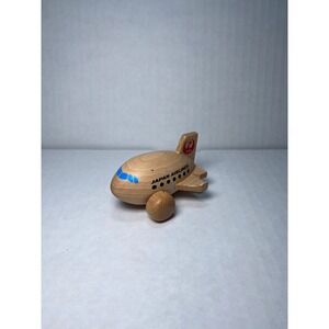 Vintage Japan Airlines JAL Wooden Toy Airplane Collectible Natural Wood Rolling